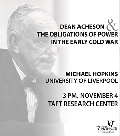 Dean Acheson image, fades to white background on right, with event text in black